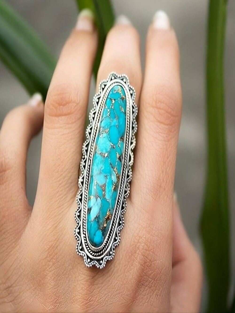 Long Vintage Blue Turquoise Antique Silver Ring - Picture 1 of 9